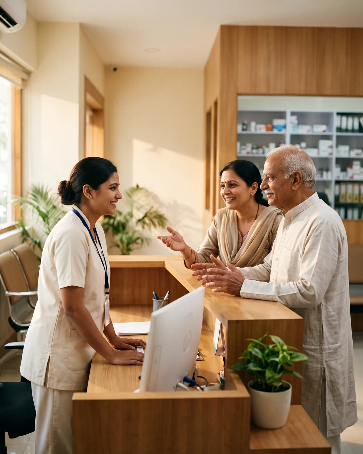 A receptionist welcoming an elderly patient and his daughter at a clinic front desk