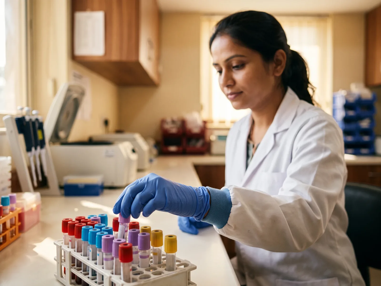 A lab technician placing sample tubes into a rack