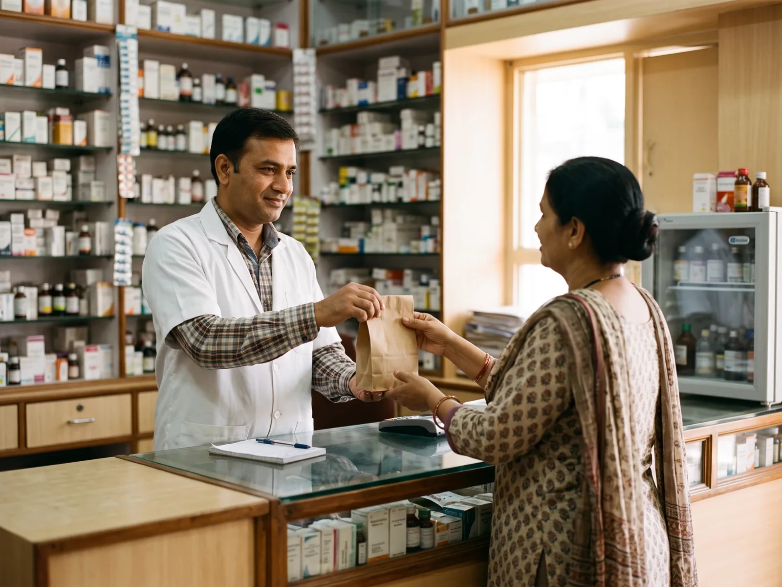 A pharmacist handing a customer their medicines at the counter