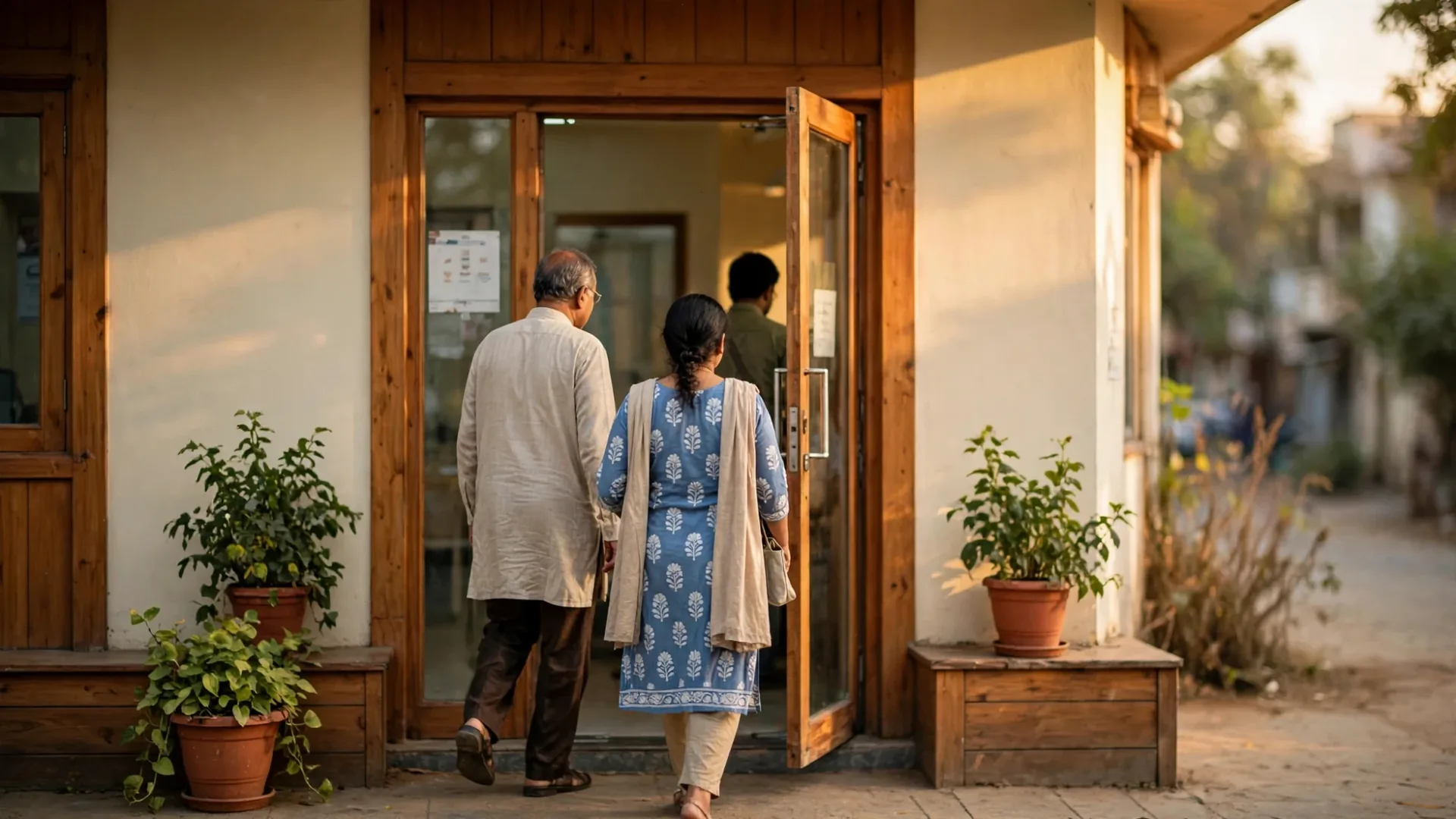 Two visitors walking into a neighbourhood healthcare centre